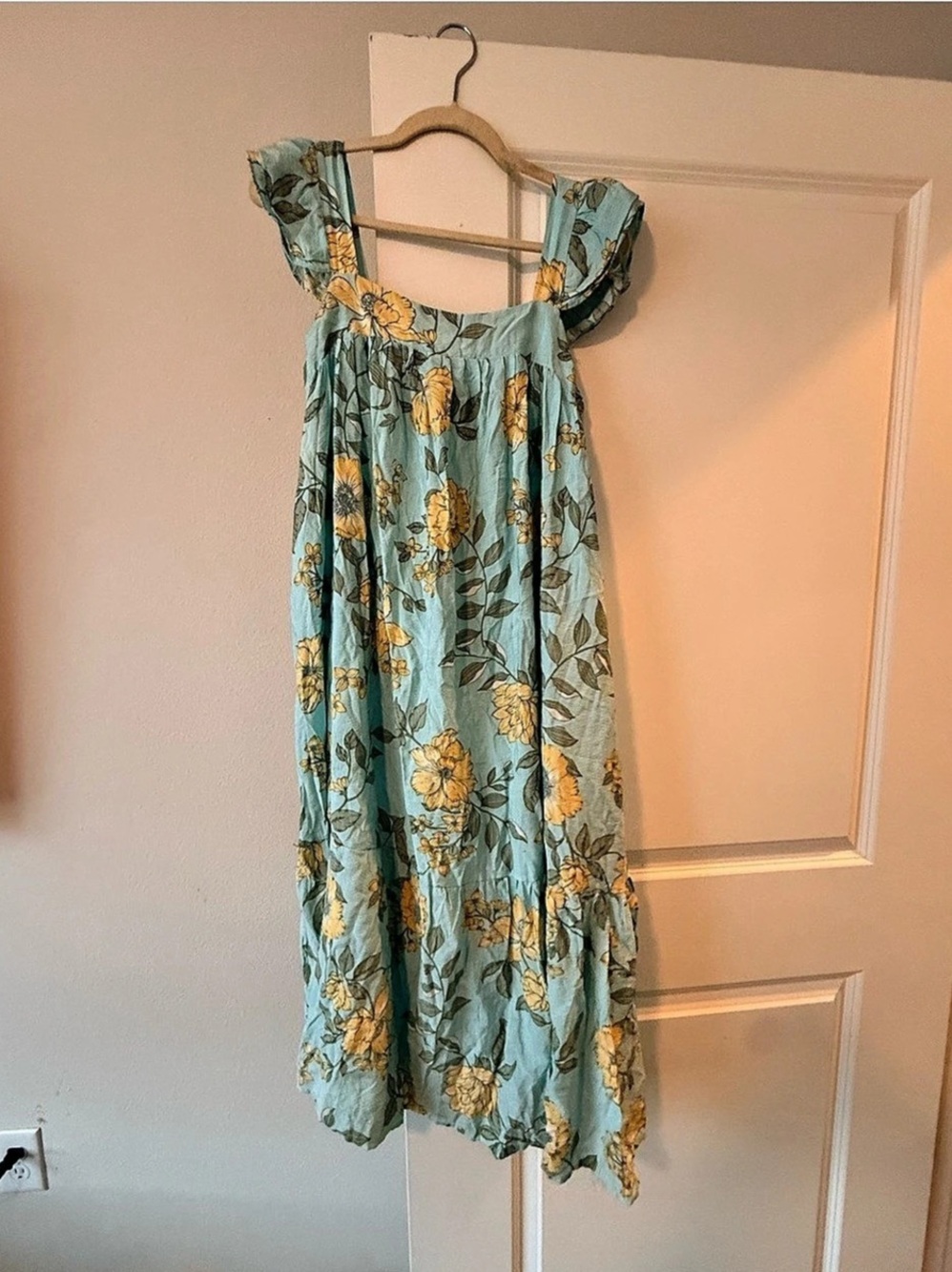 August Sky Ruffle Strap Smocked Midi Dress Blue & Yellow Medium